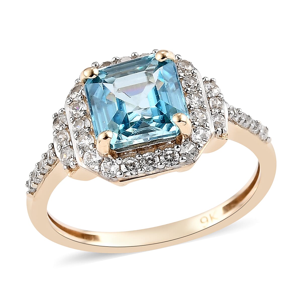 9K Yellow Gold AAA Ratanakiri Blue Zircon (Asscher Cut) and Natural Cambodian Zircon Ring 2.85 Ct.