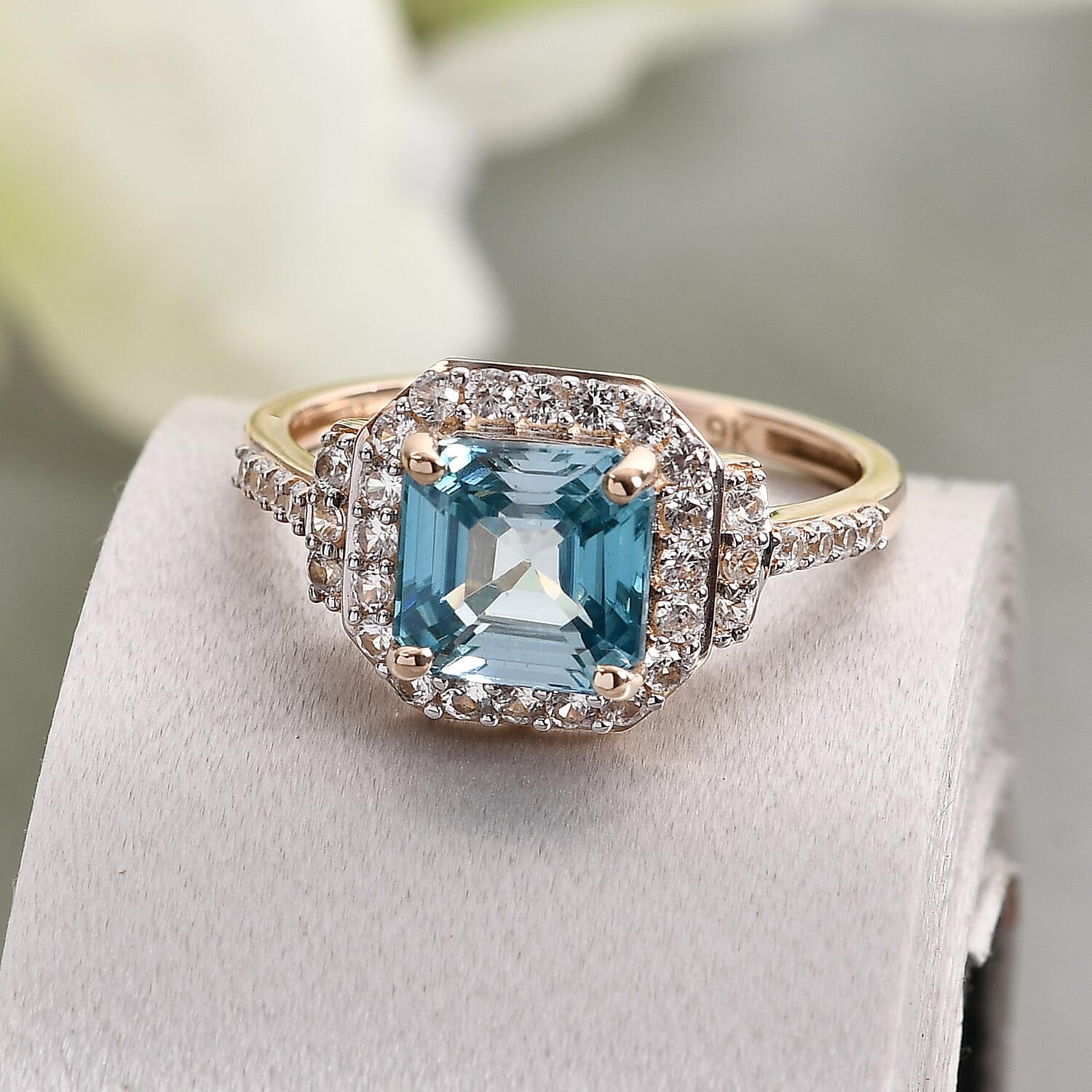 9K Yellow Gold AAA Ratanakiri Blue Zircon (Asscher Cut) and Natural Cambodian Zircon Ring 2.85 Ct.