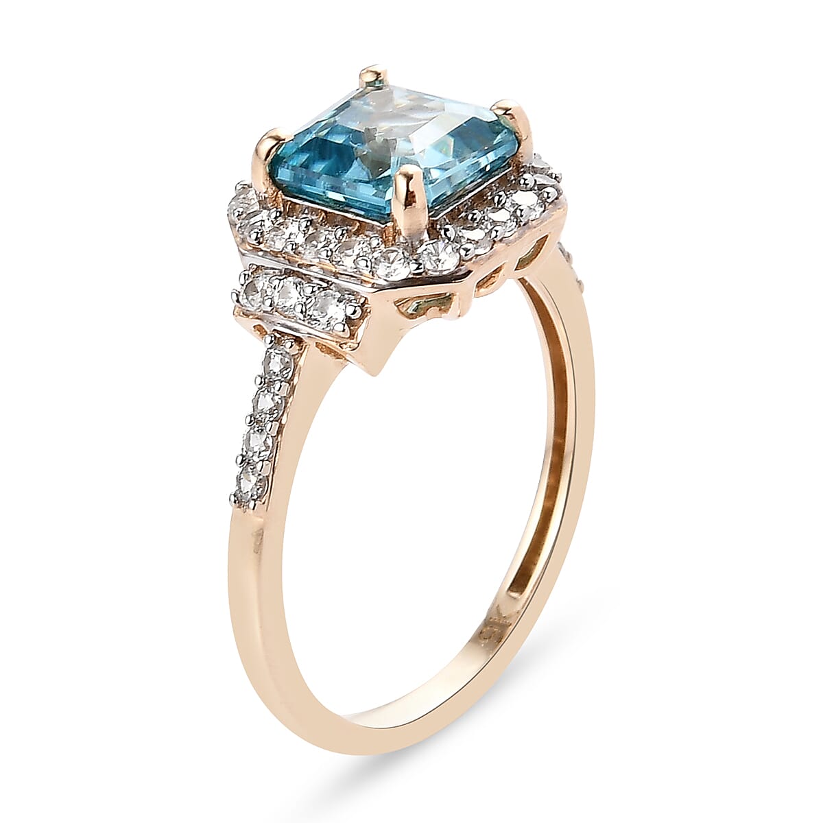 9K Yellow Gold AAA Ratanakiri Blue Zircon (Asscher Cut) and Natural Cambodian Zircon Ring 2.85 Ct.