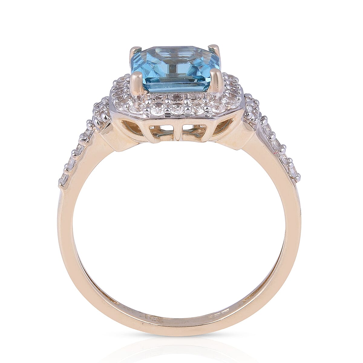 9K Yellow Gold AAA Ratanakiri Blue Zircon (Asscher Cut) and Natural Cambodian Zircon Ring 2.85 Ct.