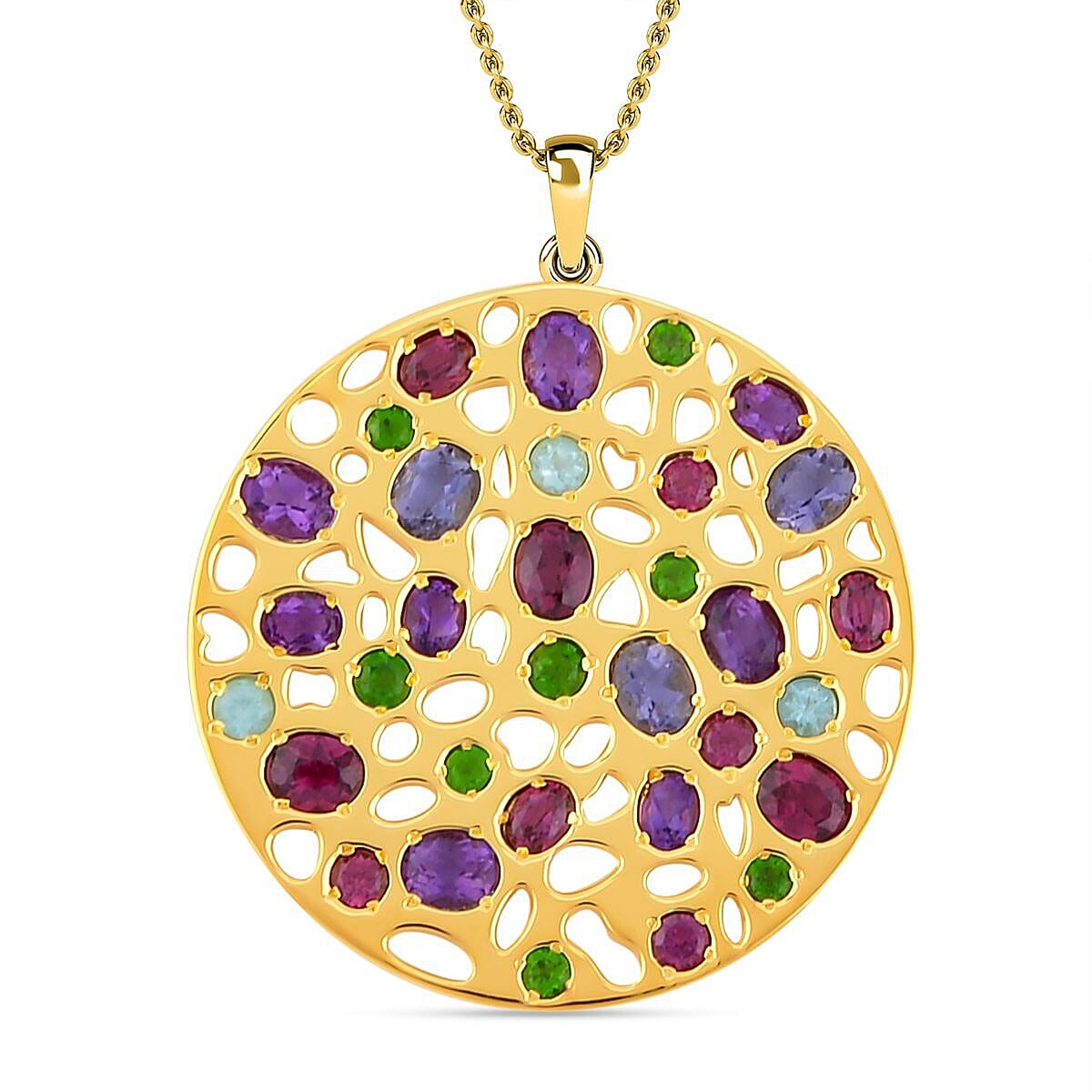 RACHEL GALLEY - Rhodolite Garnet & Multi Gemstone Pendant with Chain (Size 18-24-30) in 18K Vermeil YG Plated Sterling Silver 6.35 Ct, Silver Wt 25.50 Gms