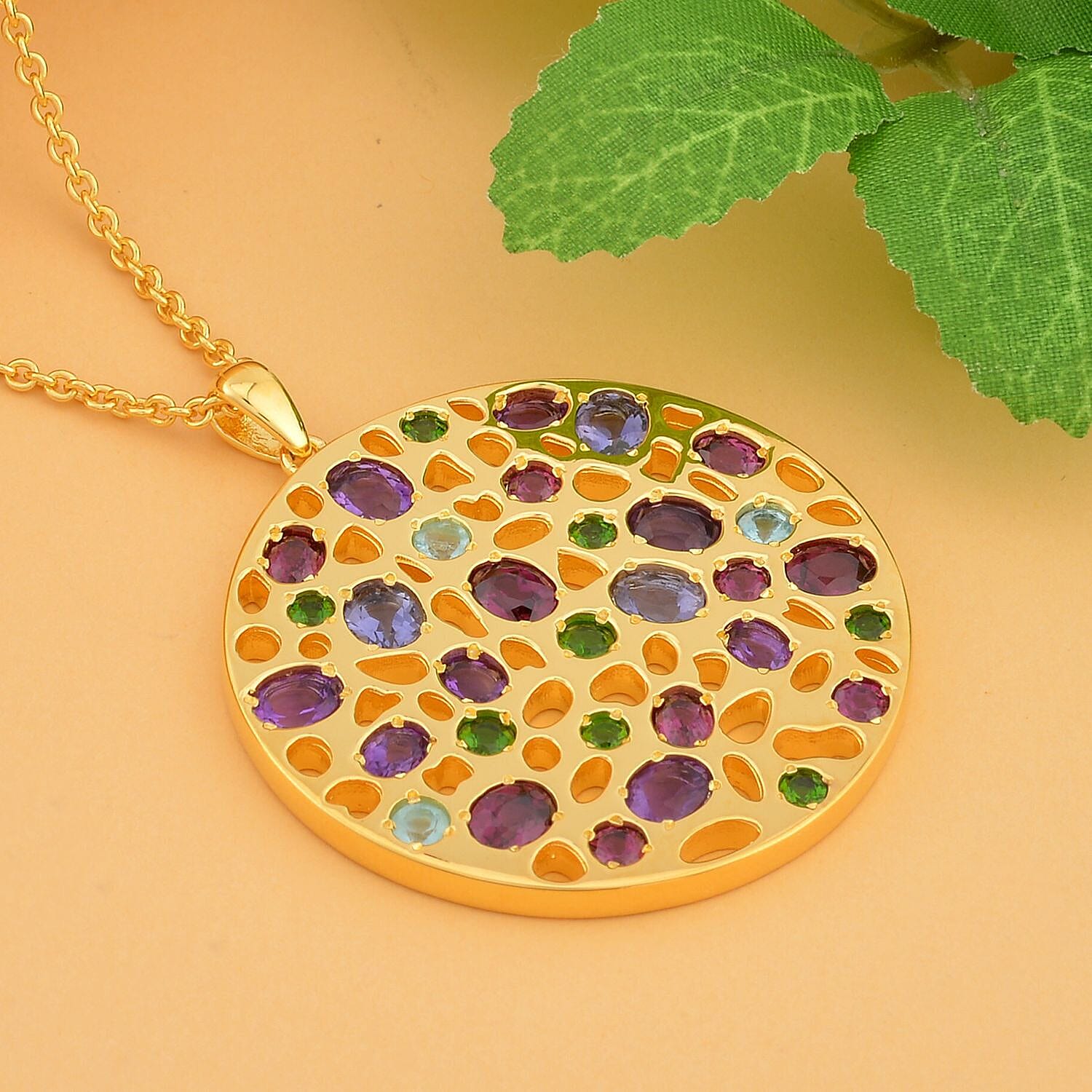 RACHEL GALLEY - Rhodolite Garnet & Multi Gemstone Pendant with Chain (Size 18-24-30) in 18K Vermeil YG Plated Sterling Silver 6.35 Ct, Silver Wt 25.50 Gms