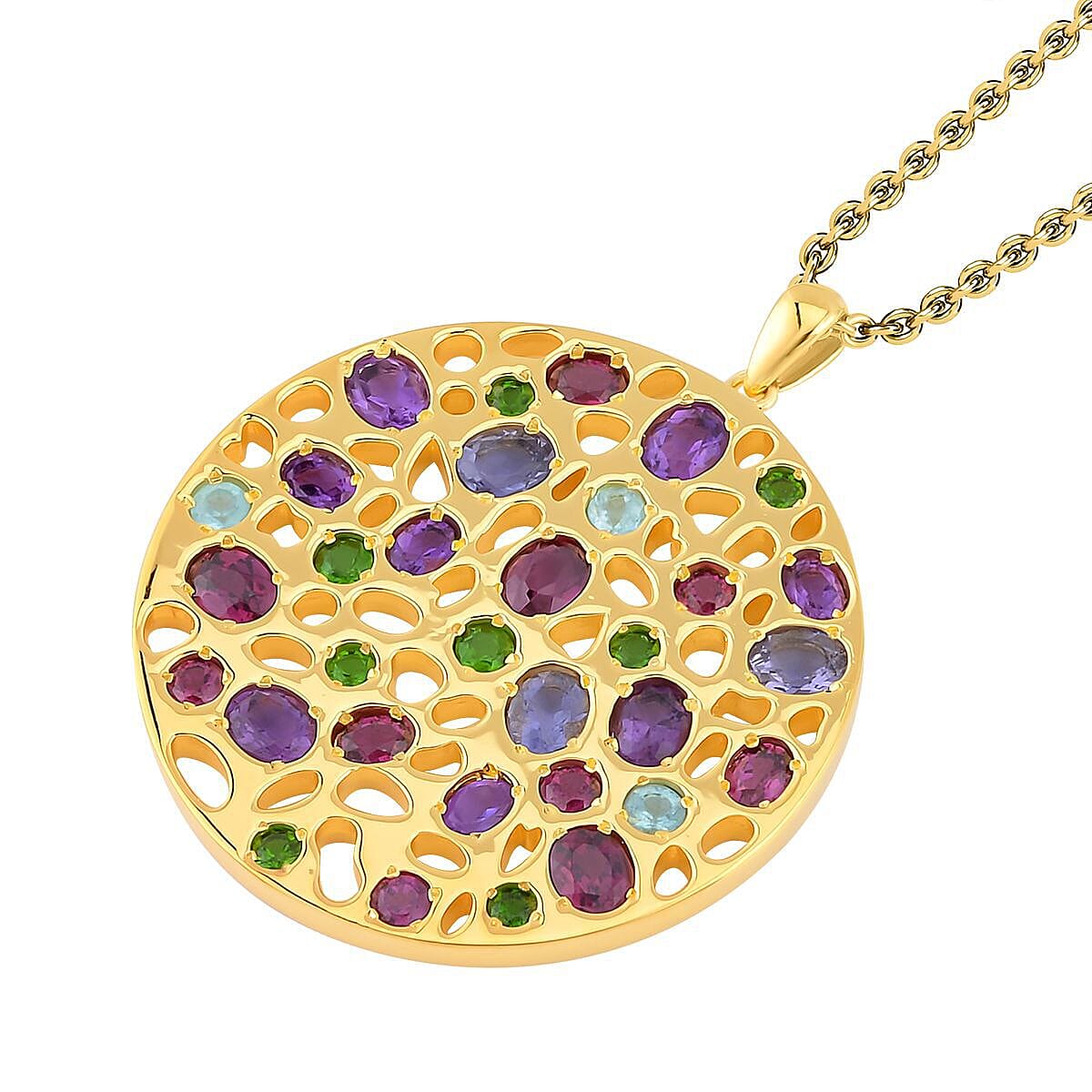 RACHEL GALLEY - Rhodolite Garnet & Multi Gemstone Pendant with Chain (Size 18-24-30) in 18K Vermeil YG Plated Sterling Silver 6.35 Ct, Silver Wt 25.50 Gms