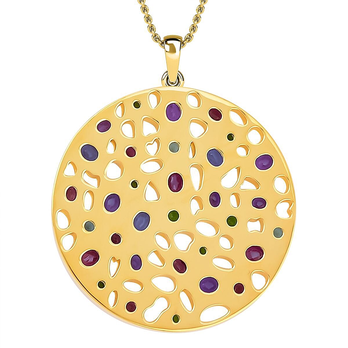 RACHEL GALLEY - Rhodolite Garnet & Multi Gemstone Pendant with Chain (Size 18-24-30) in 18K Vermeil YG Plated Sterling Silver 6.35 Ct, Silver Wt 25.50 Gms