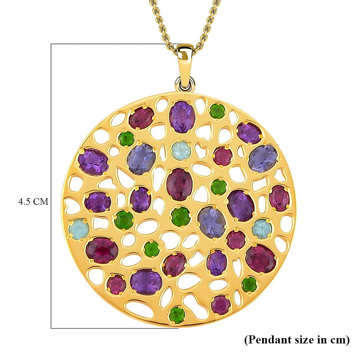 RACHEL GALLEY - Rhodolite Garnet & Multi Gemstone Pendant with Chain (Size 18-24-30) in 18K Vermeil YG Plated Sterling Silver 6.35 Ct, Silver Wt 25.50 Gms