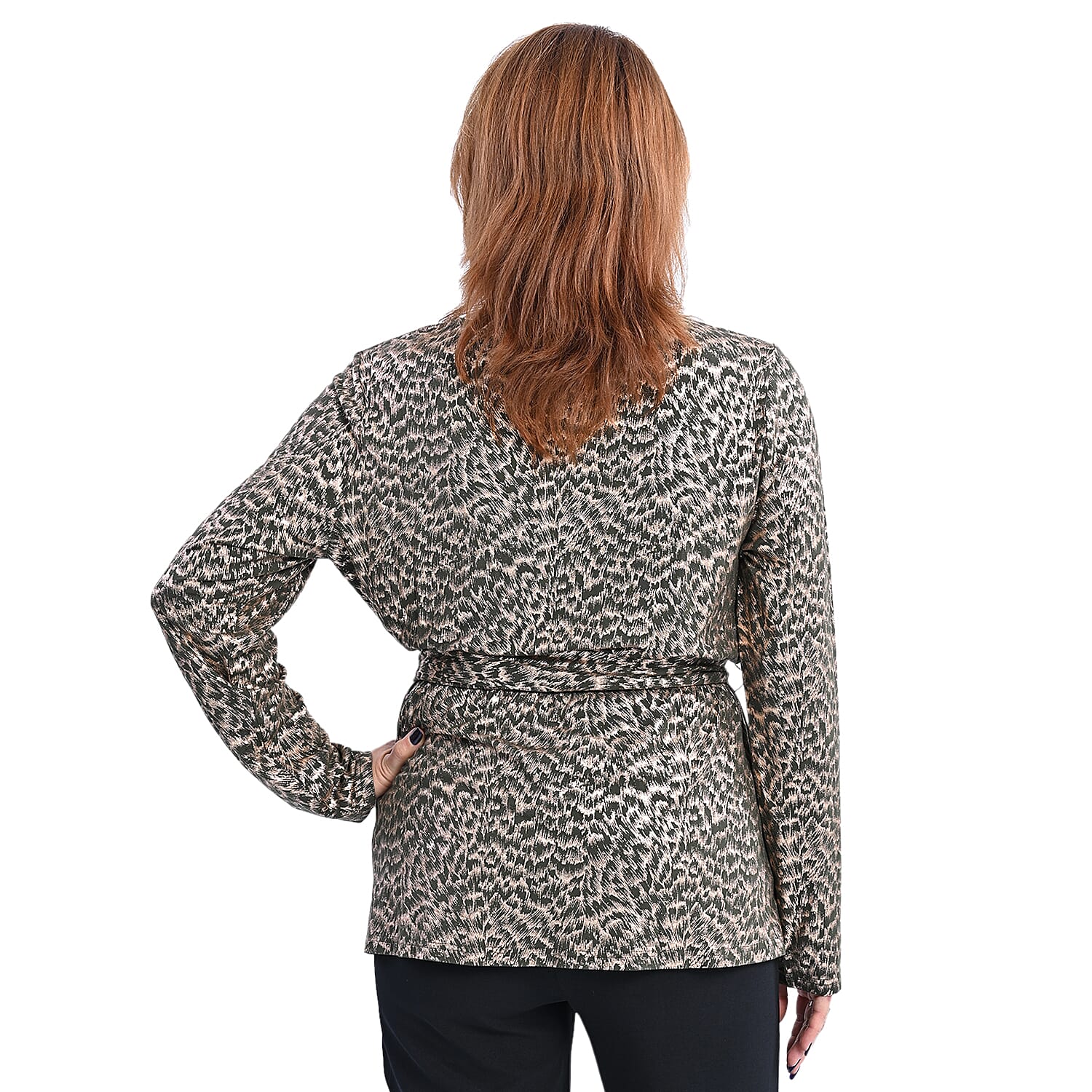 LA MAREY Leopard Pattern V Neck Viscoce Blouse with Belt (Size M, 12-14) - Green & Gold