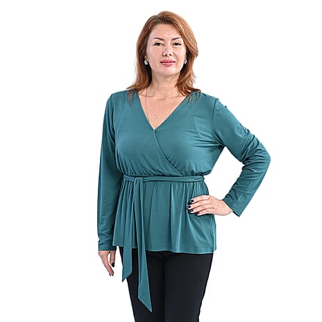 LA MAREY V Neck Viscose Blouse with Belt (Size M, 12-14) - Green