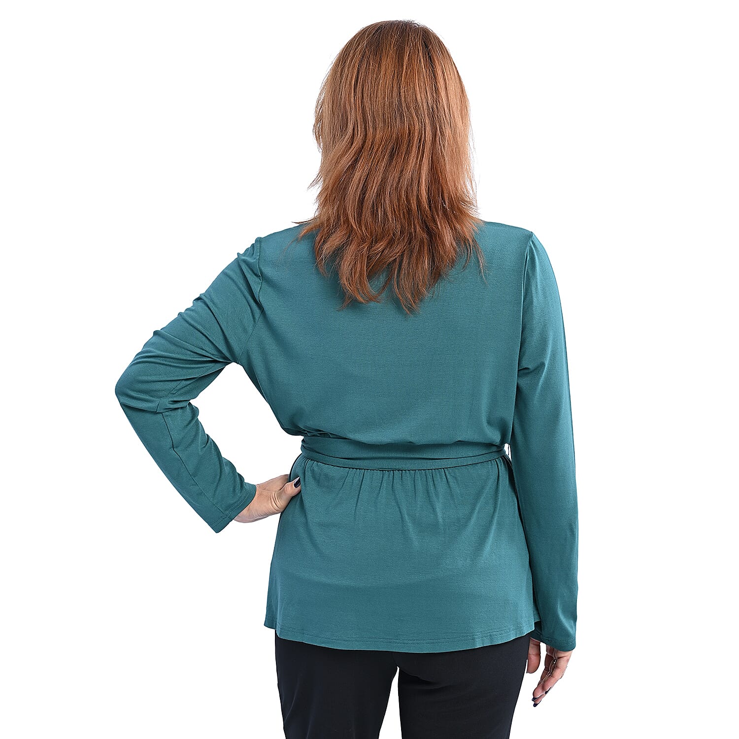 LA MAREY V Neck Viscose Blouse with Belt (Size M, 12-14) - Green