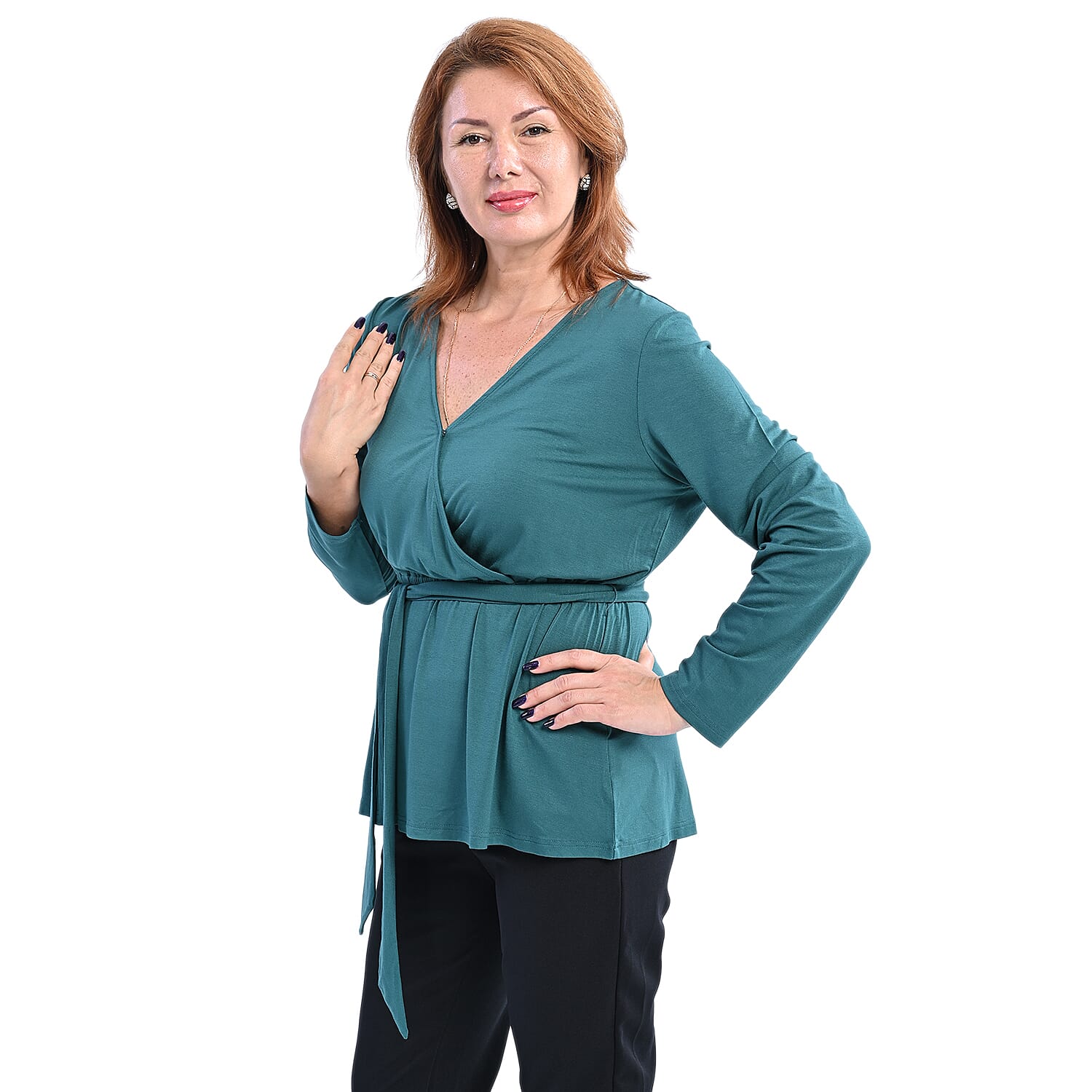 LA MAREY V Neck Viscose Blouse with Belt (Size M, 12-14) - Green