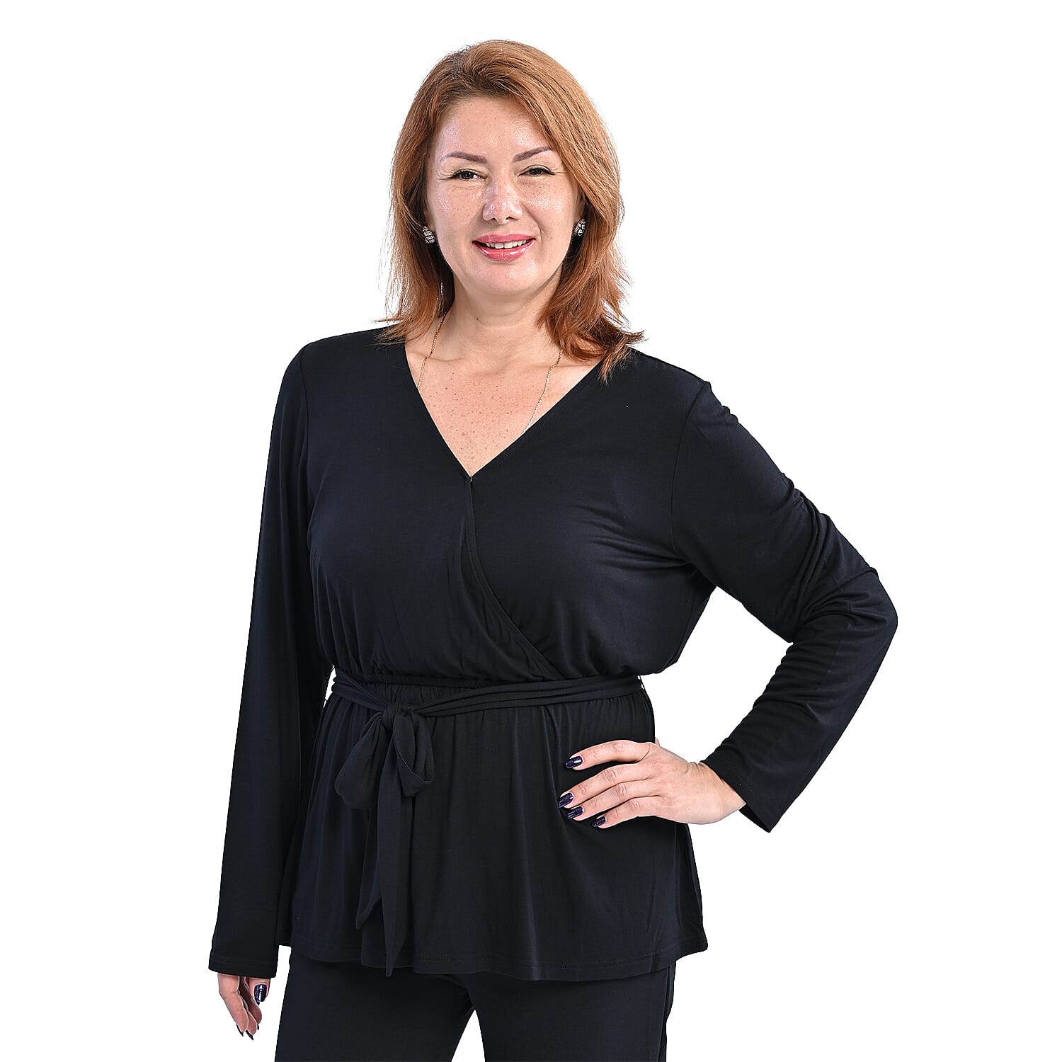 LA MAREY V Neck Knitted Blouse with Belt - Green