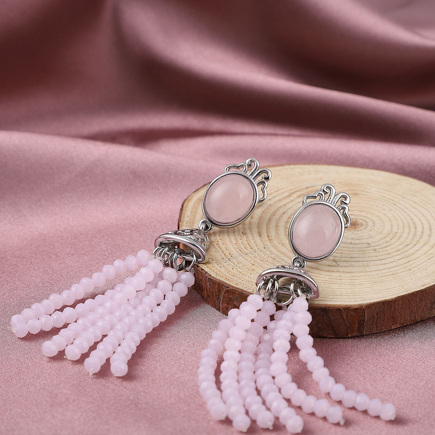 Rose Quartz and Simulated Rose Quartz Beads Earrings in Stainless Steel 26.00 Ct.