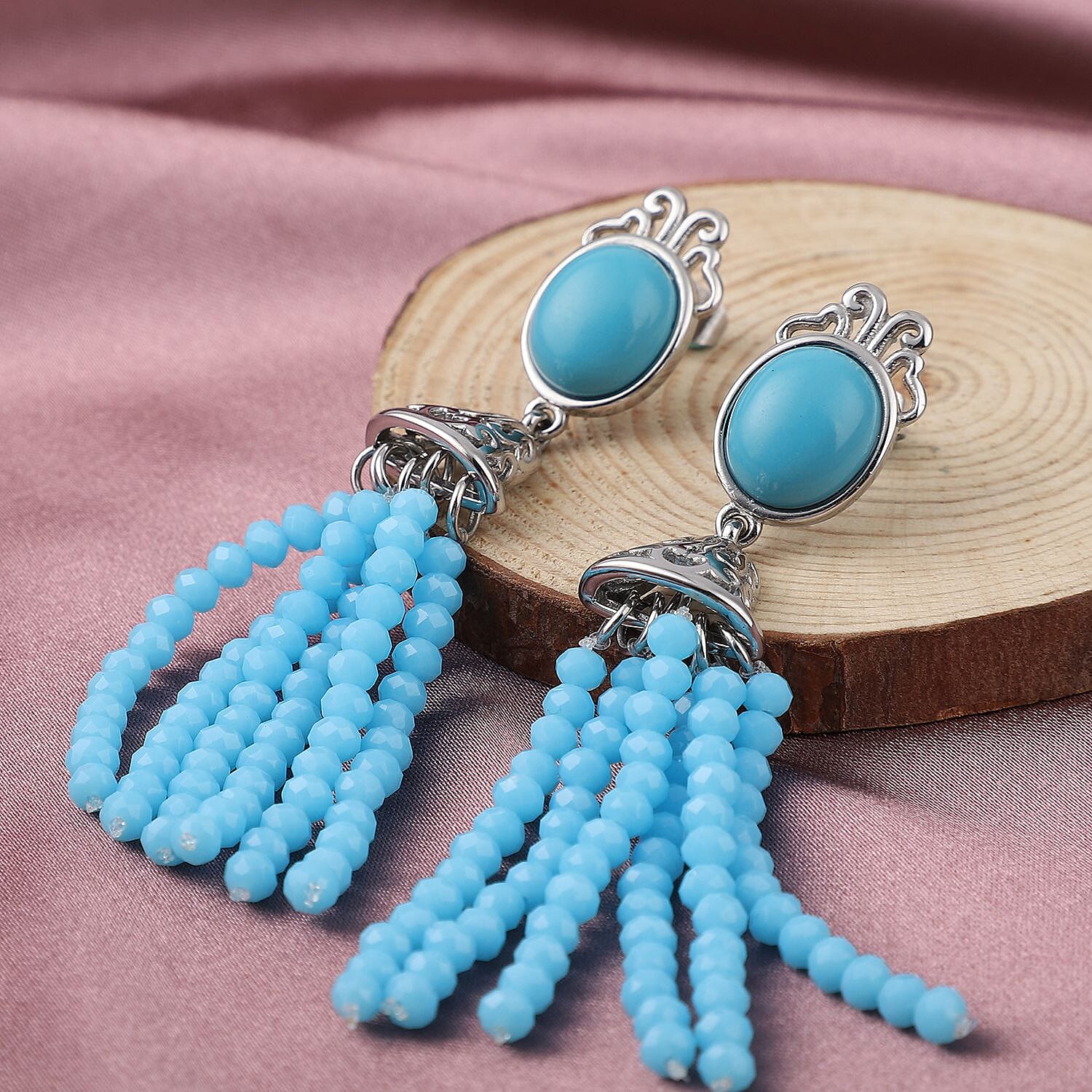 Blue Howlite and Simulated Larimar Beads Earrings in Stainless Steel 26.00 Ct.