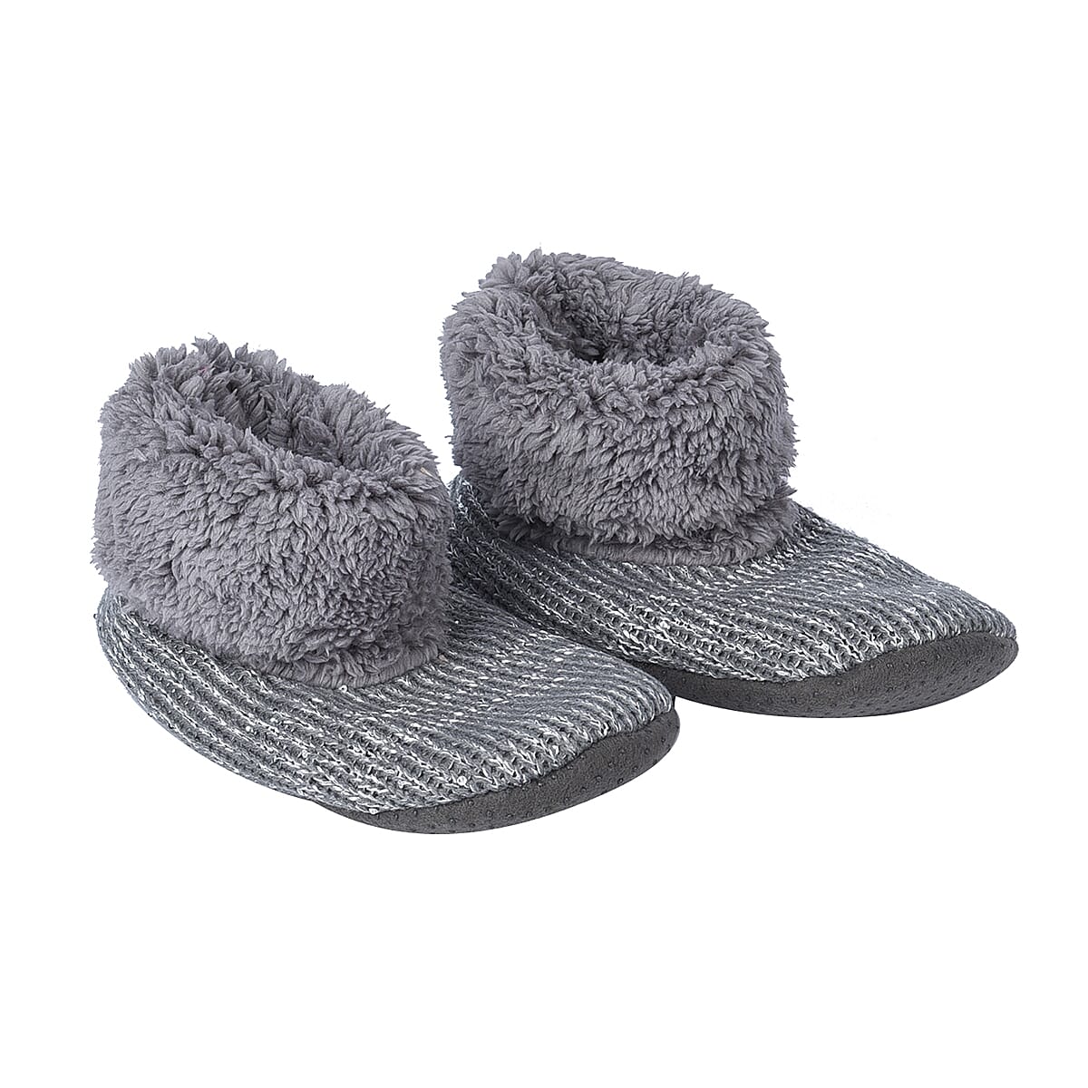100% Acrylic Double Layer Chunky Sock Indoor Antislip Faux Fur Slippers - Grey