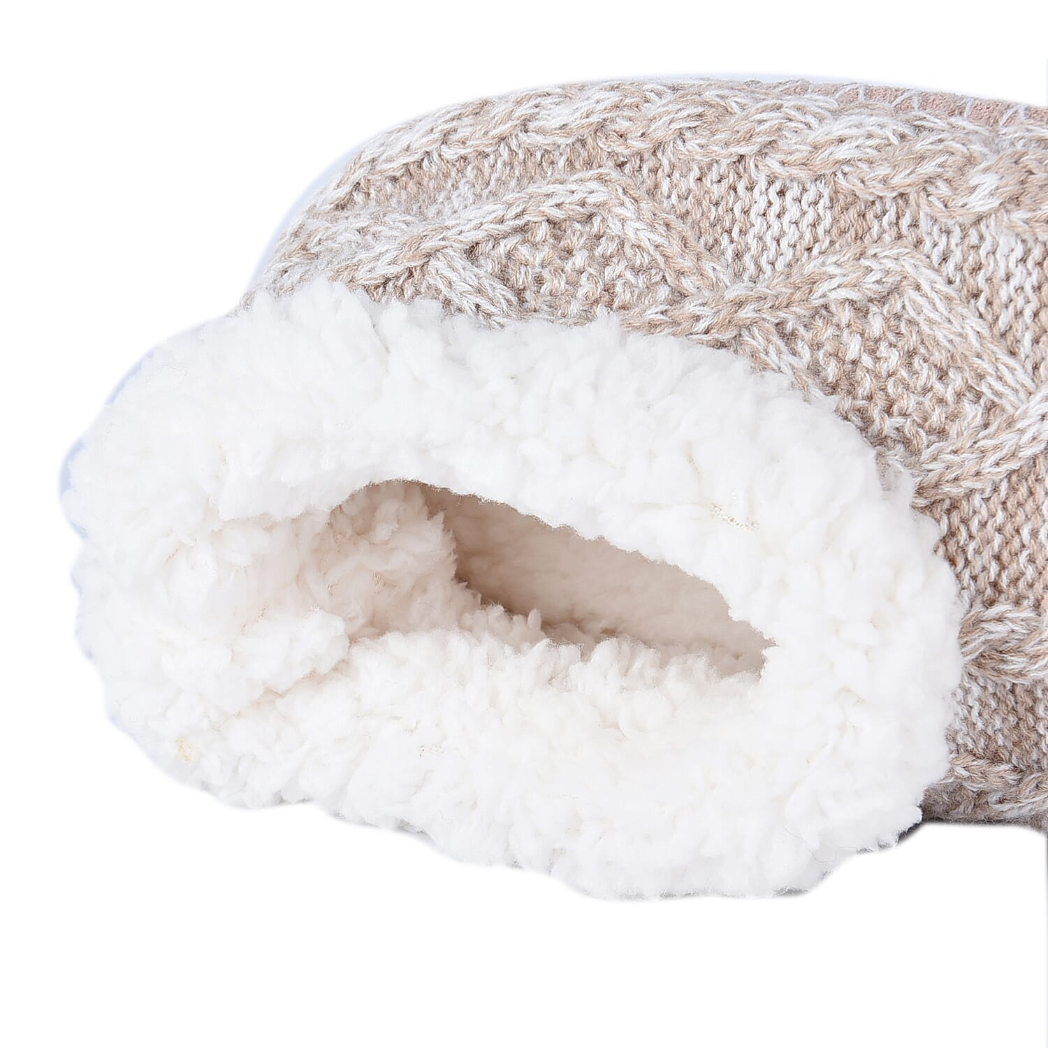 100% Acrylic Double Layer Chunky Sock Indoor Antislip Faux Fur Slipper - Beige & White