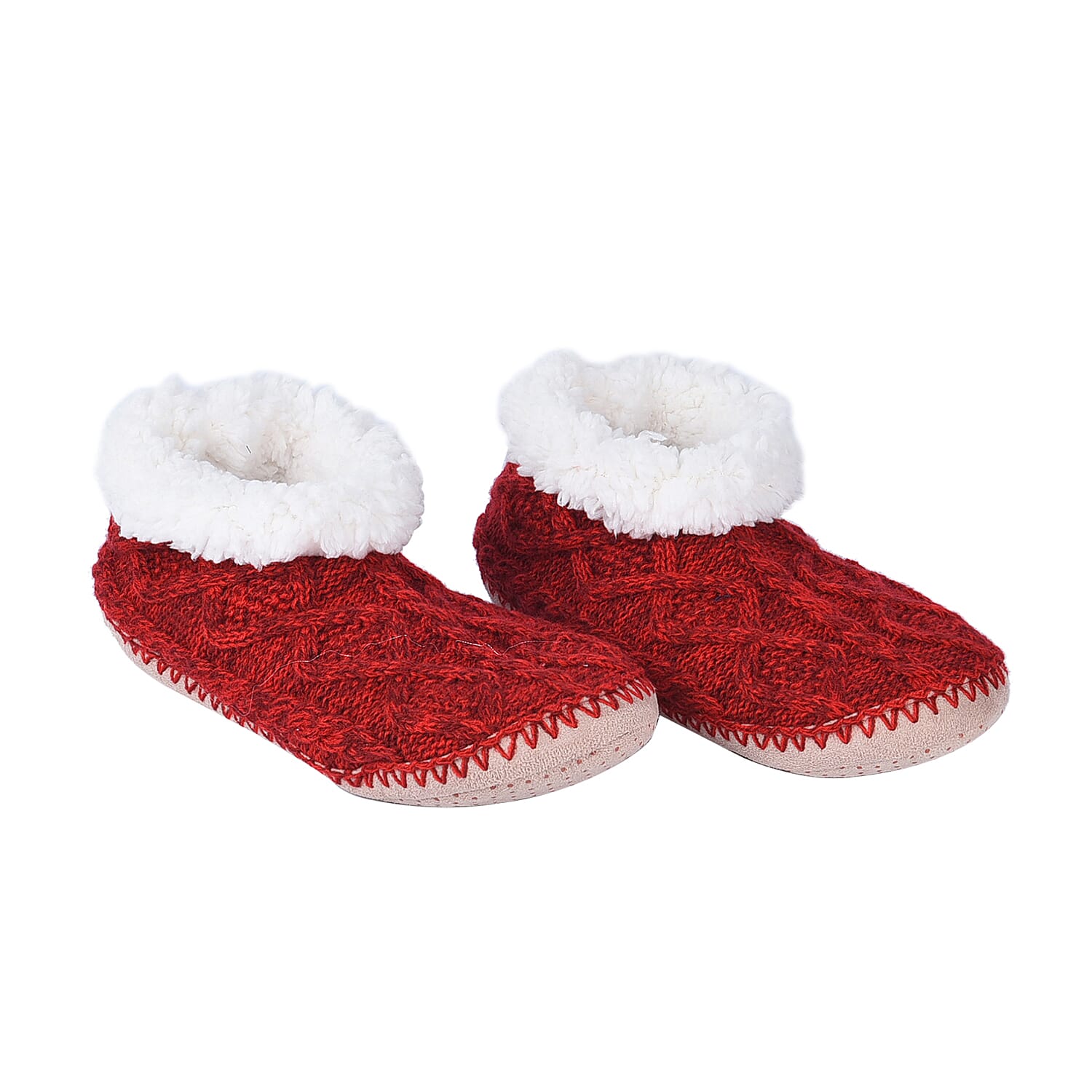 100% Acrylic Double Layer Chunky Sock Indoor Antislip Faux Fur Slipper - Beige & White
