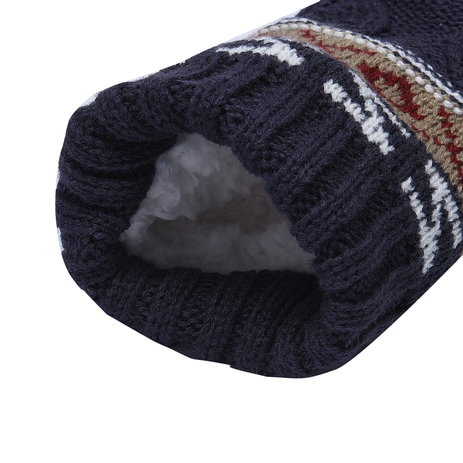 100% Acrylic Antislip Indoor Knitted Slippers with Fur Lining (Size L, 7-9) - Navy Blue