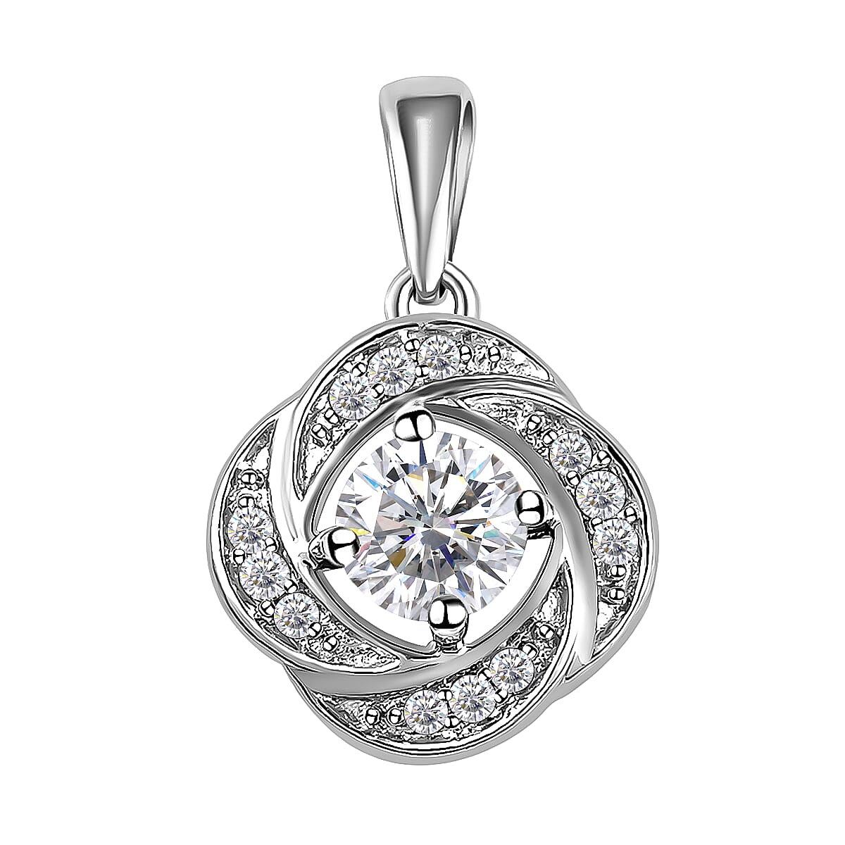 Moissanite Floral Pendant in Platinum Overlay Sterling Silver