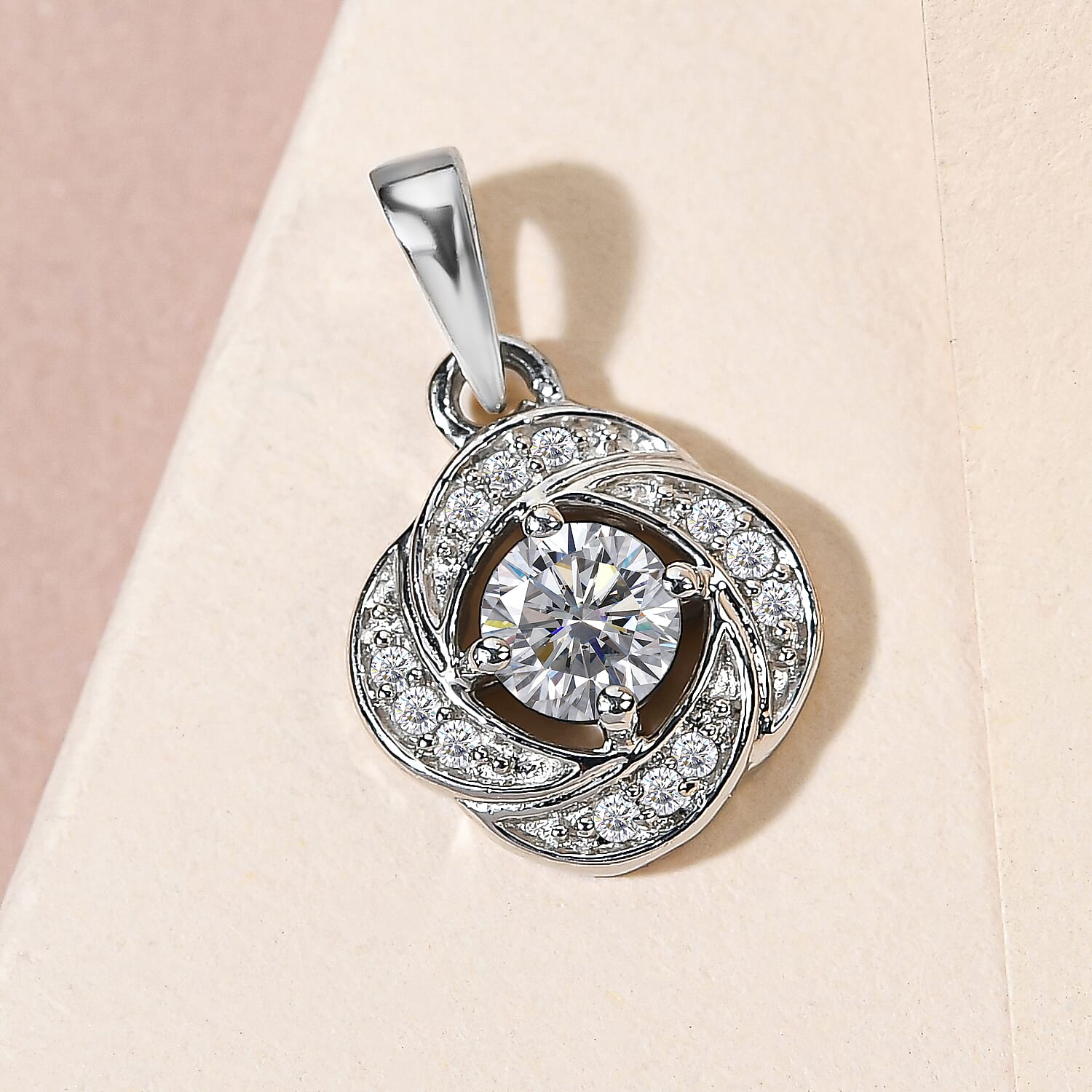 Moissanite Floral Pendant in Platinum Overlay Sterling Silver