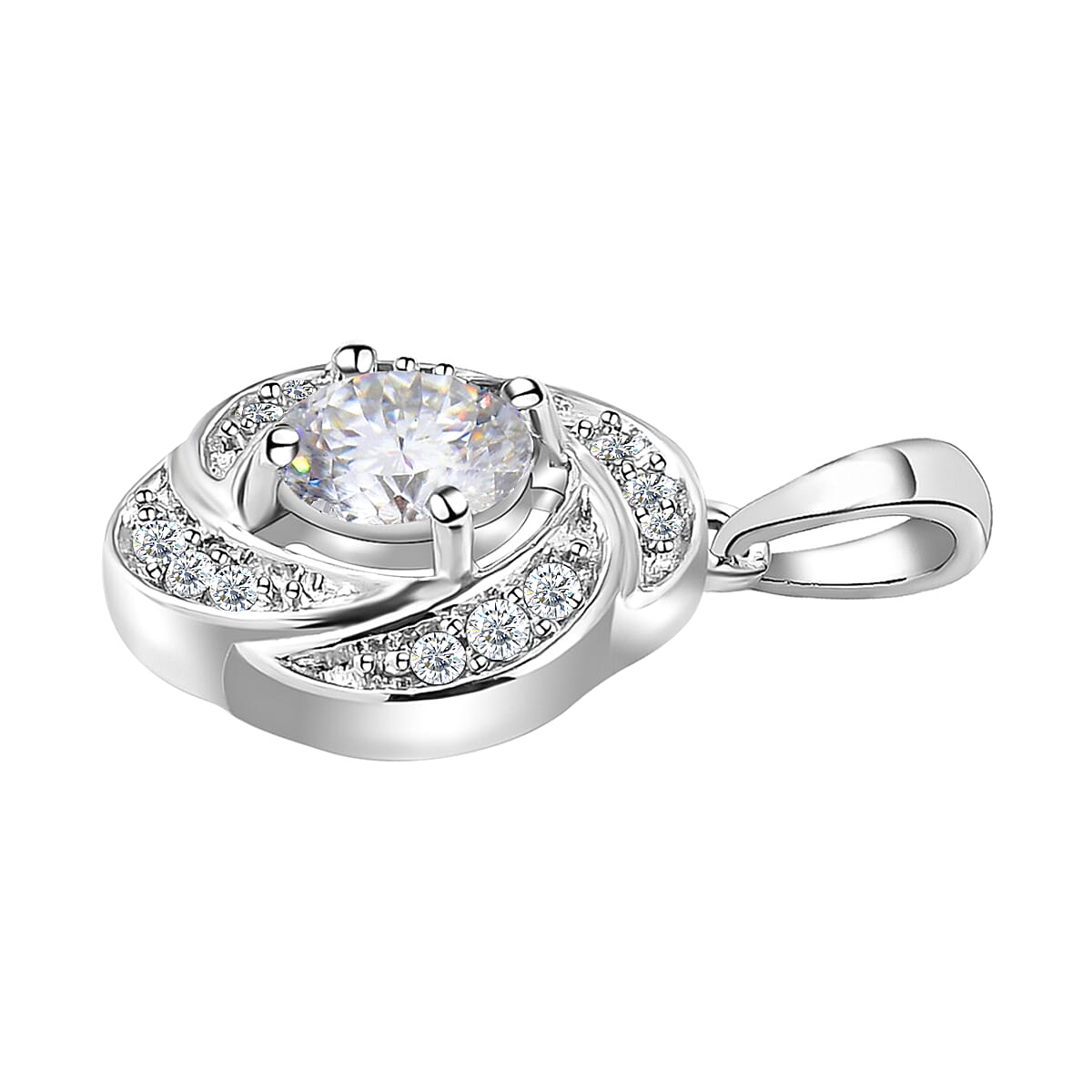 Moissanite Floral Pendant in Platinum Overlay Sterling Silver