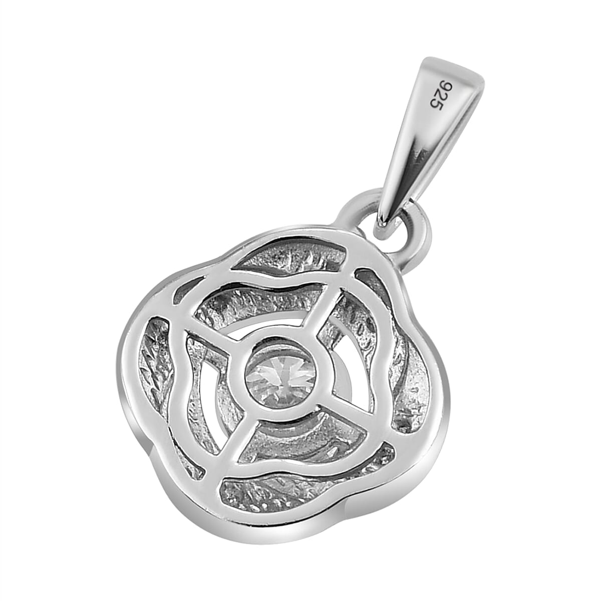 Moissanite Floral Pendant in Platinum Overlay Sterling Silver