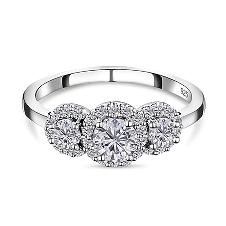 Moissanite Halo Ring in Platinum Overlay Sterling Silver