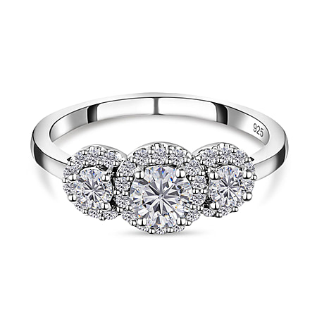 Moissanite Halo Ring in Sterling Silver with Platinum Plating