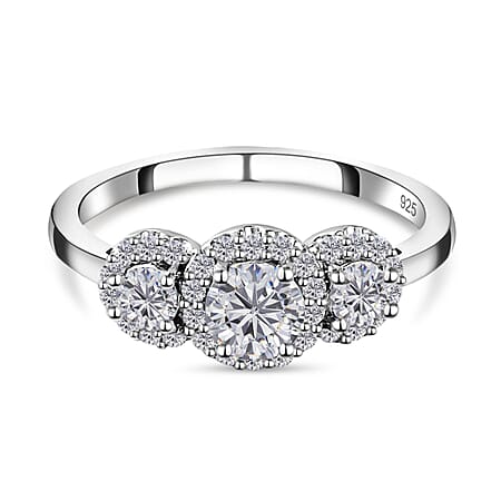 Moissanite Halo Ring in Sterling Silver with Platinum Plating Moissanite Halo Ring in Sterling Silver with Platinum Plating
