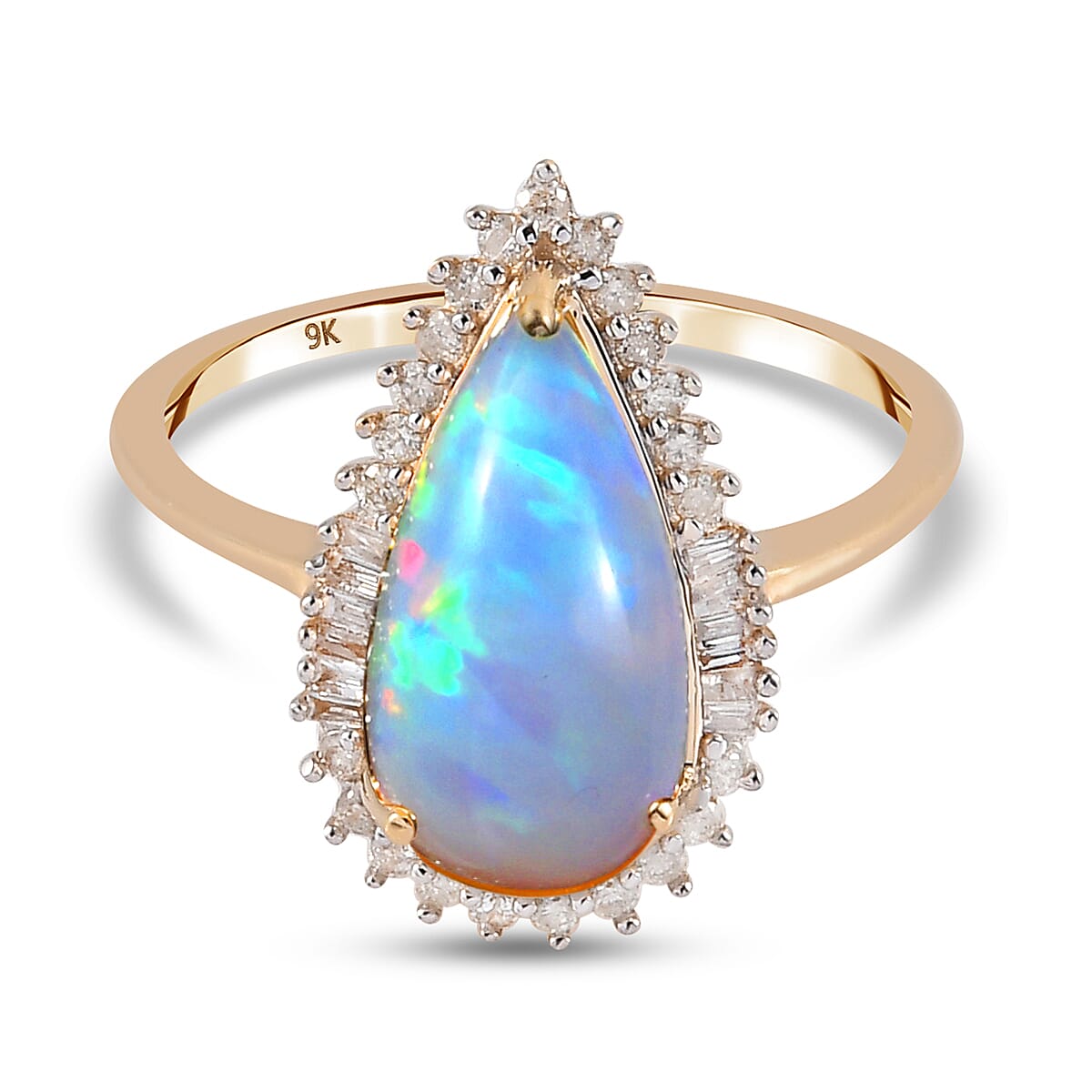 9K Yellow Gold AAA ( Pear 14x7) Ethiopian Welo Opal and Diamond Ring 2.49 Ct.