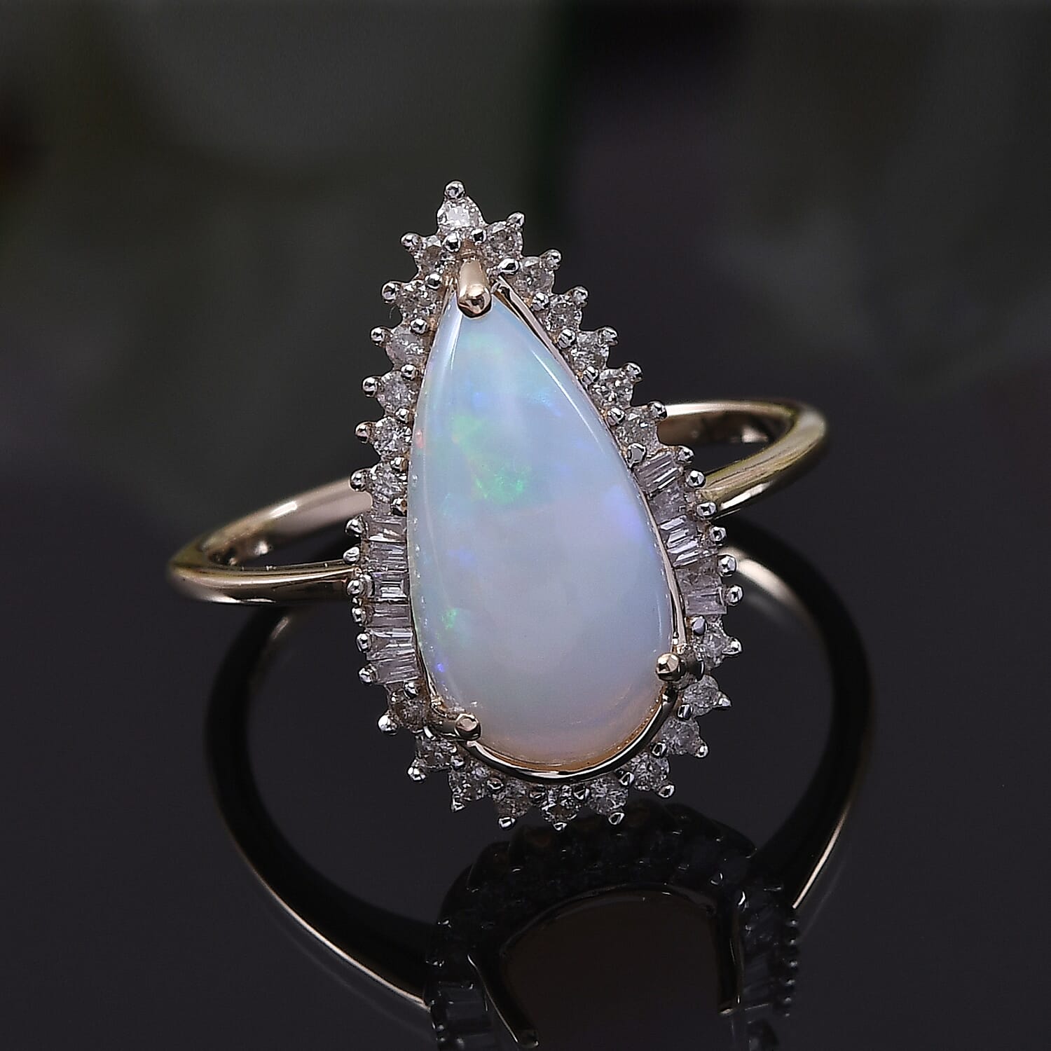 9K Yellow Gold AAA ( Pear 14x7) Ethiopian Welo Opal and Diamond Ring 2.49 Ct.