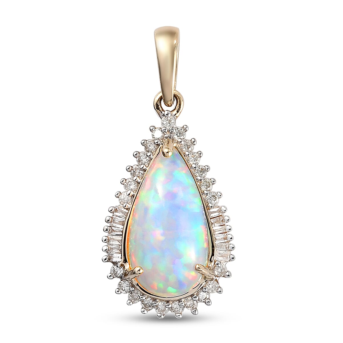 9K Yellow Gold Ethiopian Welo Opal and Diamond Halo Teardrop Pendant 2.52 Ct.