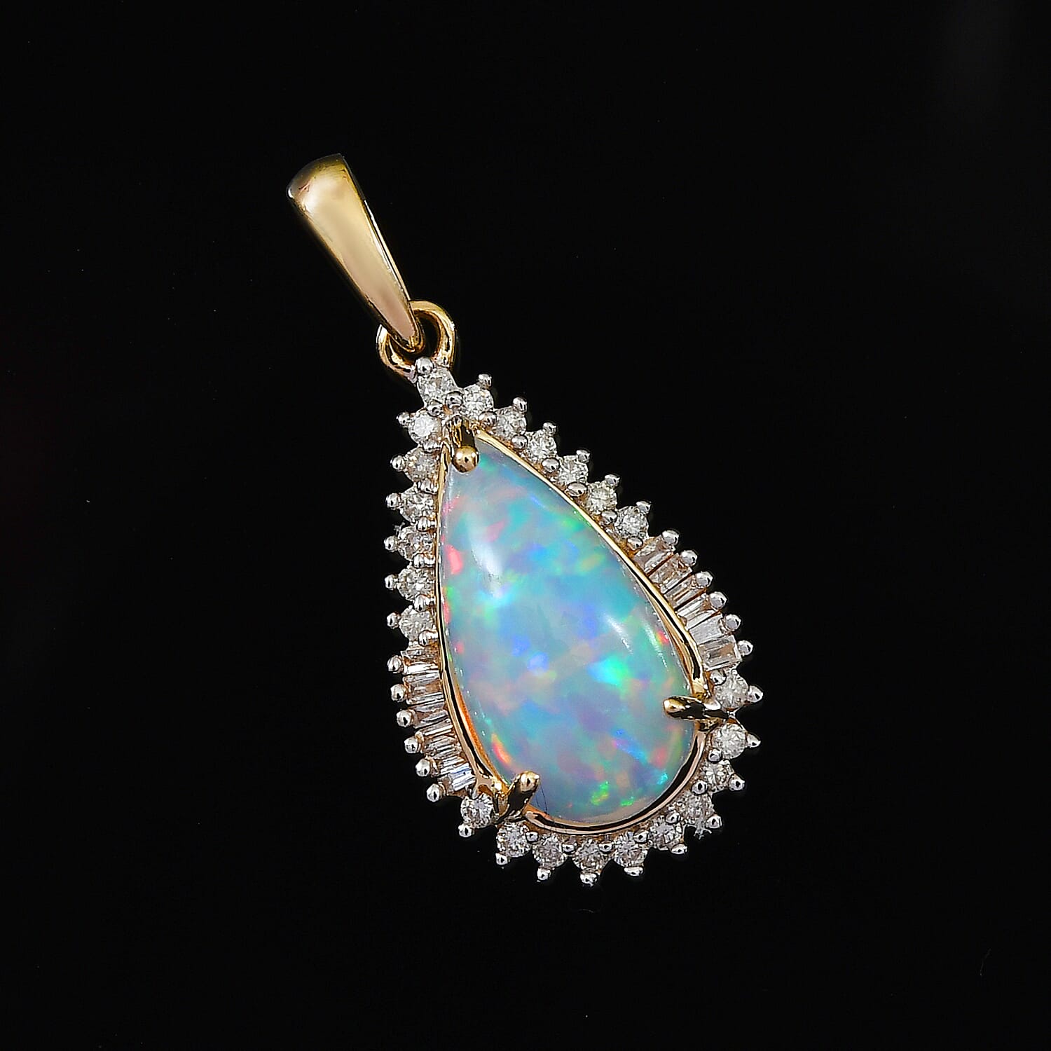 9K Yellow Gold Ethiopian Welo Opal and Diamond Halo Teardrop Pendant 2.52 Ct.