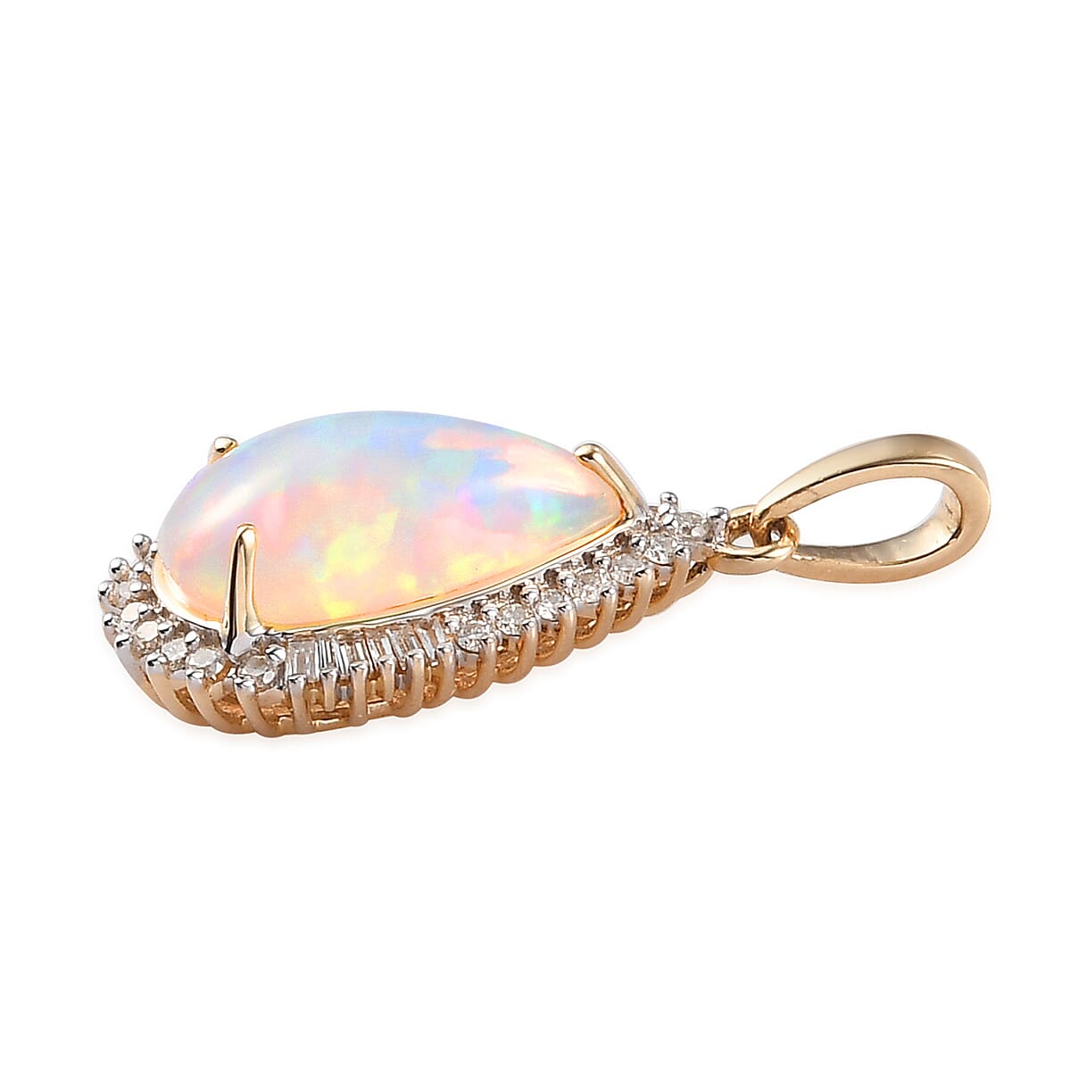 9K Yellow Gold Ethiopian Welo Opal and Diamond Halo Teardrop Pendant 2.52 Ct.