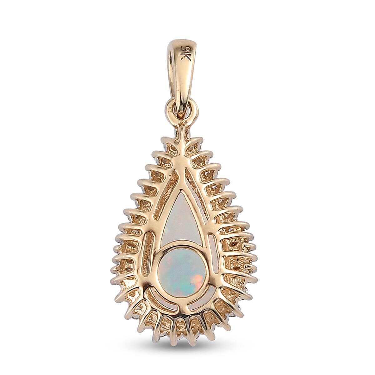 9K Yellow Gold Ethiopian Welo Opal and Diamond Halo Teardrop Pendant 2.52 Ct.