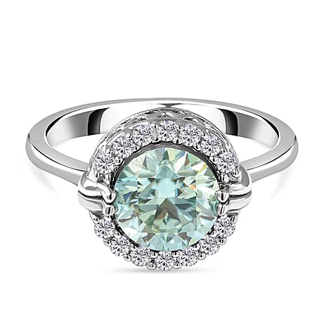 Galatea Pearl - Blue Moissanite Halo Ring in Rhodium Overlay Sterling Silver 2.10 Ct, Silver Wt. 7.18 Gms