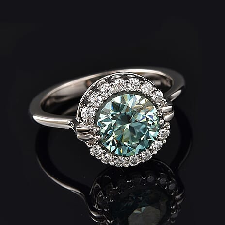 Galatea Pearl - Blue Moissanite Halo Ring in Rhodium Overlay Sterling Silver 2.10 Ct, Silver Wt. 7.18 Gms