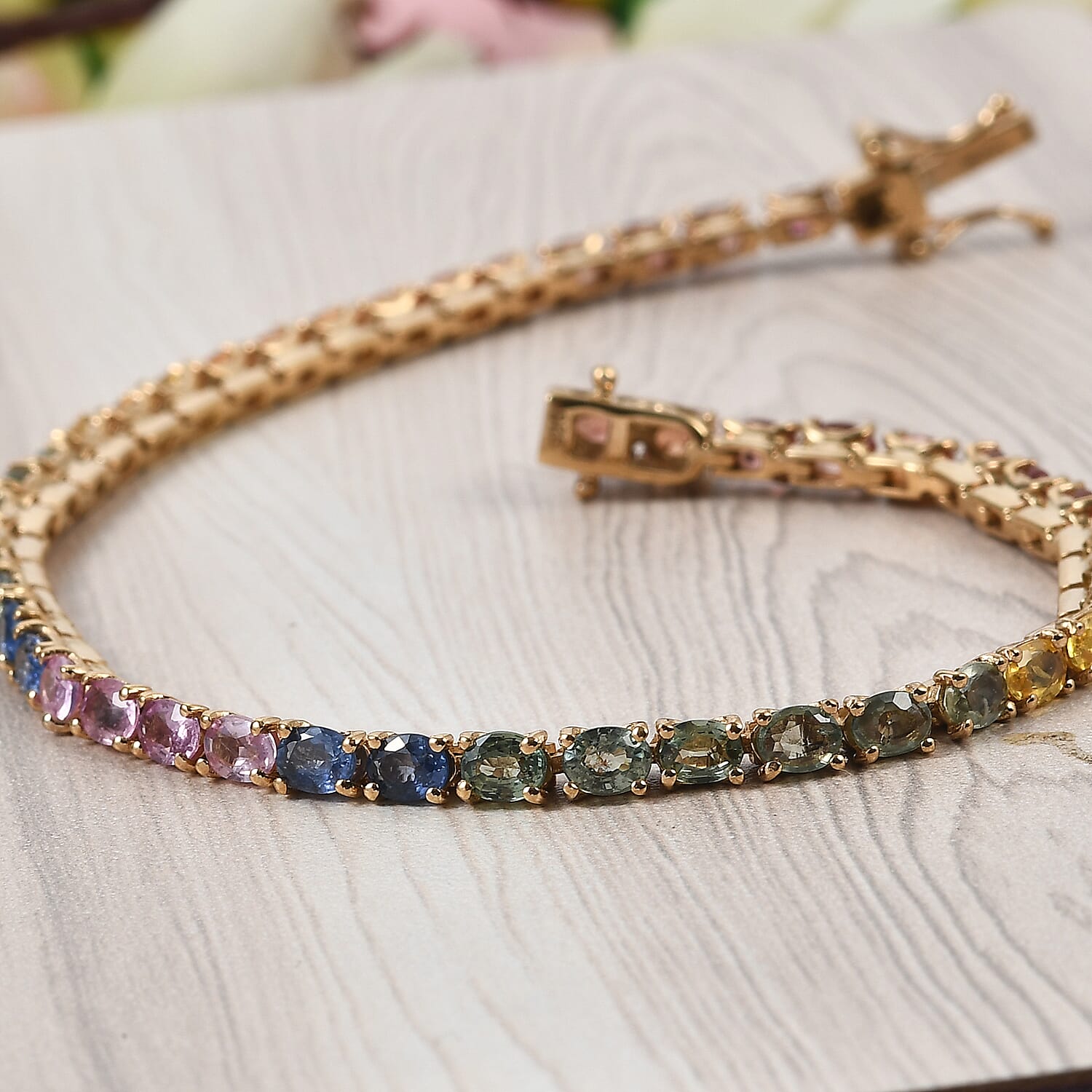 Rainbow Sapphire Bracelet (Size - 7) in 18K Yellow Gold Vermeil Plated Sterling Silver 9.00 Ct, Silver Wt. 8.00 Gms