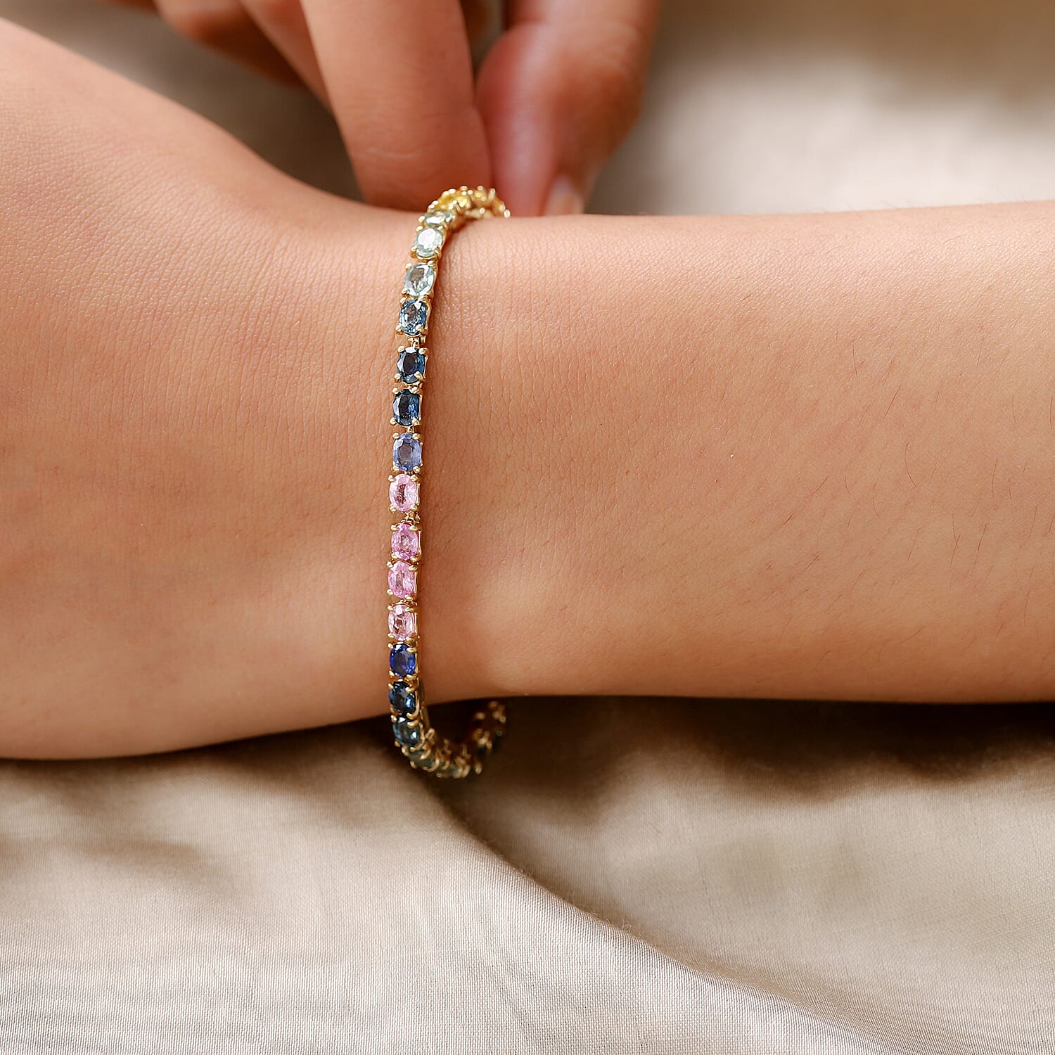Rainbow Sapphire Bracelet (Size - 7.5) in  Yellow Gold Vermeil Overlay Sterling Silver 9.68 Ct, Silver wt. 8.32 Gms