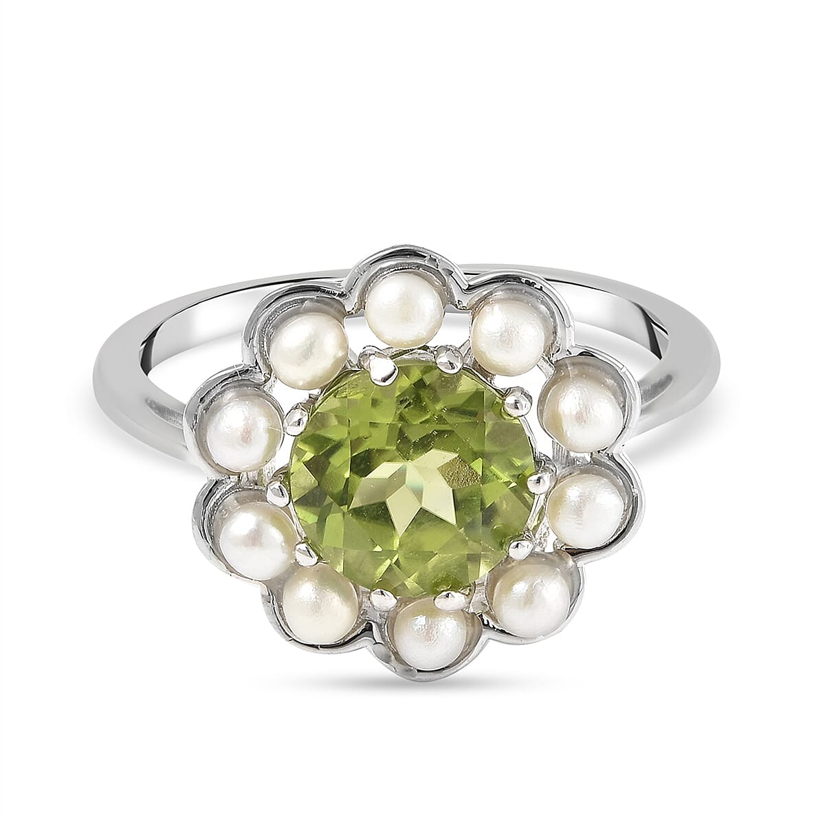 Natural Hebei Peridot and Freshwater Pearl Floral Ring in Rhodium Overlay Sterling Silver
