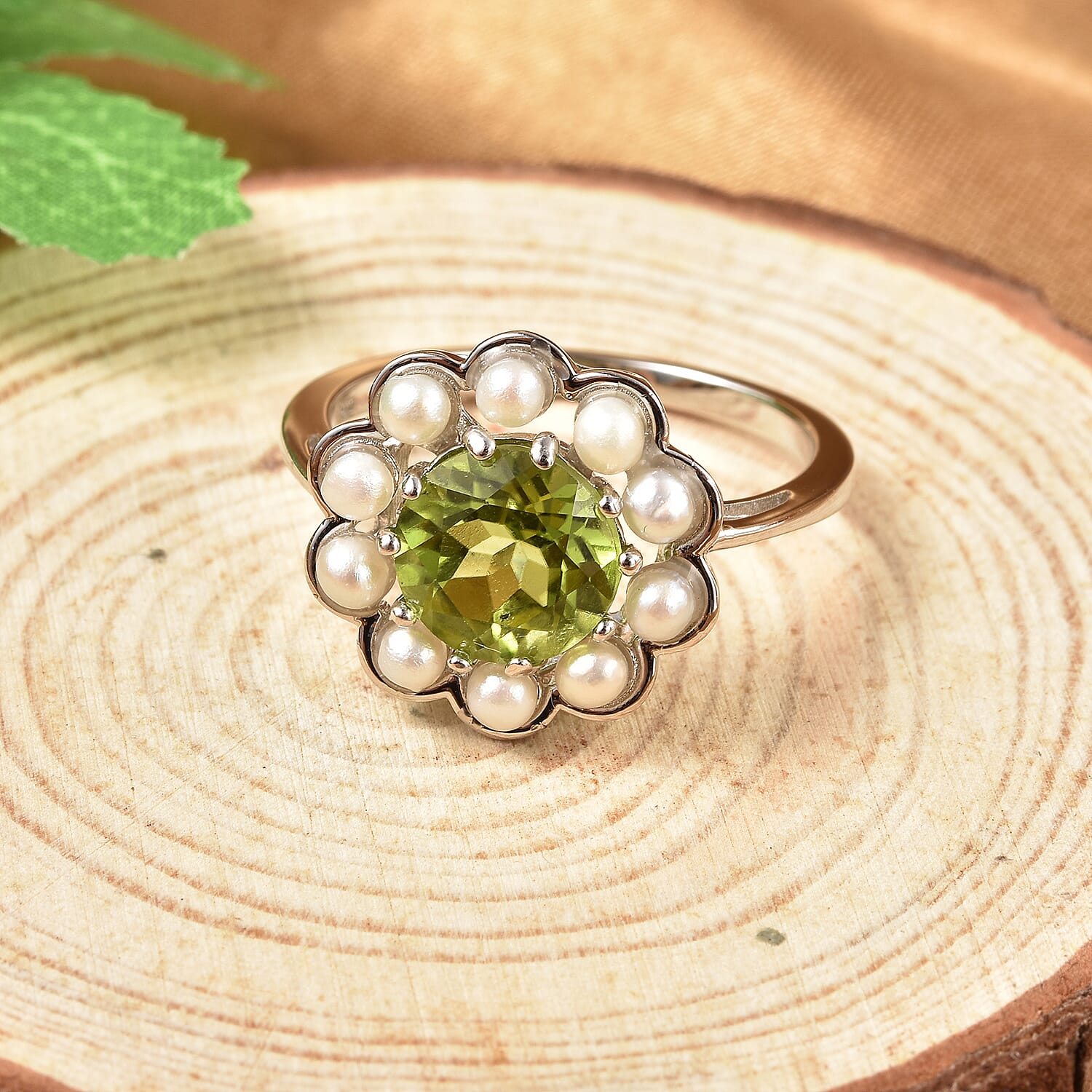 Natural Hebei Peridot and Freshwater Pearl Floral Ring in Rhodium Overlay Sterling Silver