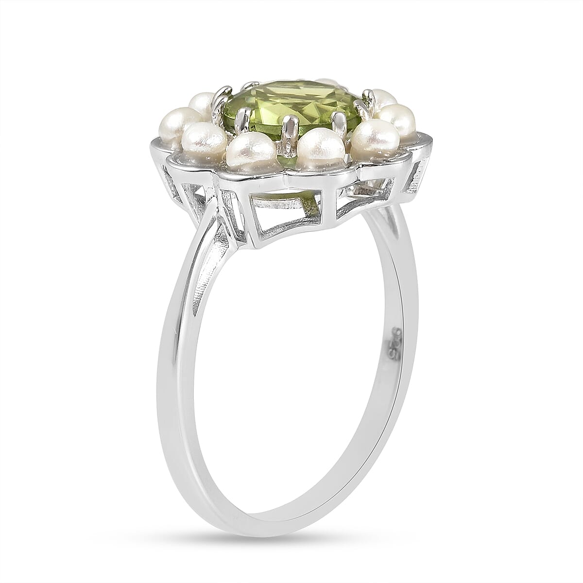 Natural Hebei Peridot and Freshwater Pearl Floral Ring in Rhodium Overlay Sterling Silver