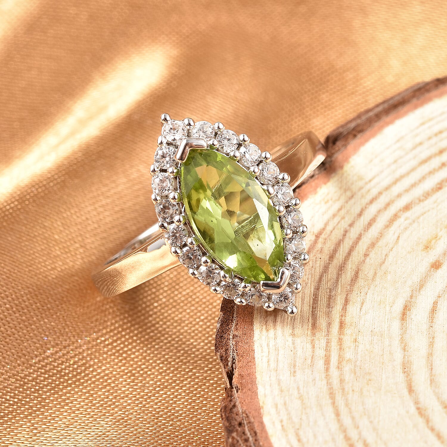 Natural Hebei Peridot and Natural Cambodian Zircon Ring in Rhodium Overlay Sterling Silver 2.66 Ct.