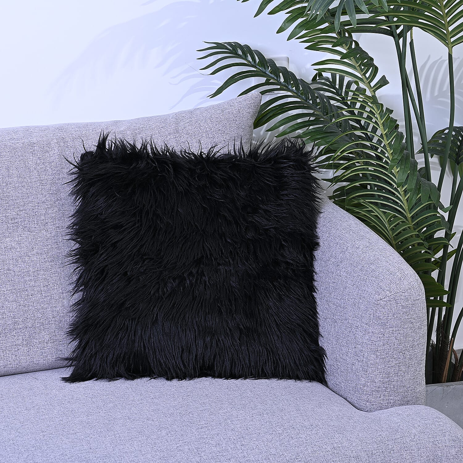 Faux Fur Cushion Cover with Zipper (Size 45 Cm) - Black
