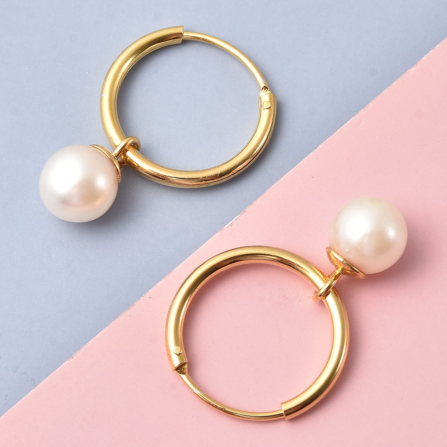 Japanese Akoya Pearl Hoop Earrings in Yellow Gold Overlay Sterling Silver