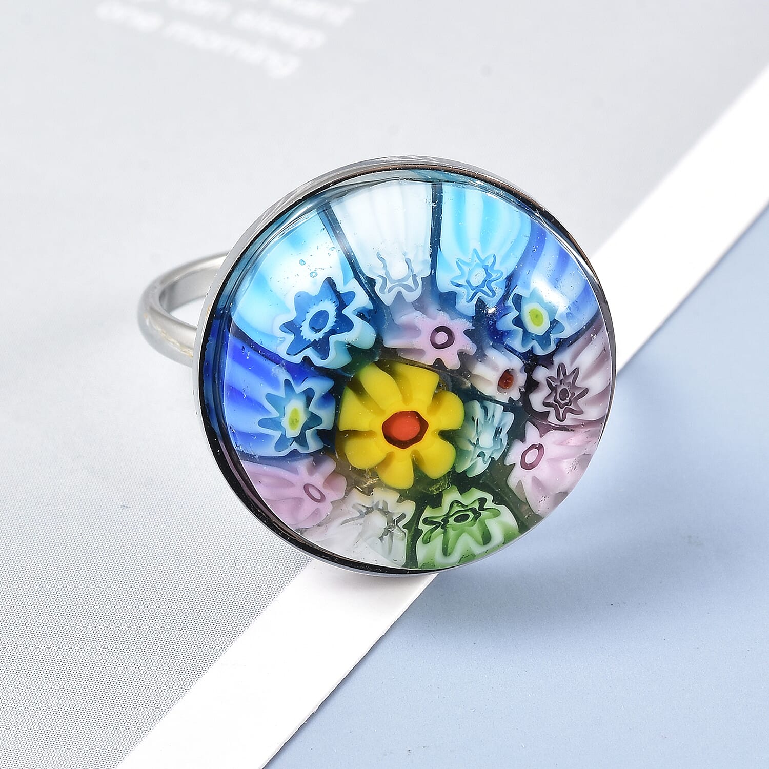 Multi Color Murano Glass Ring in Stainless Steel