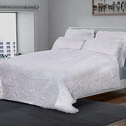 3 Piece Set- TJC Faux Fur Throw (Size 225x220 Cm) and 2 Pillow Cases (Size 70x50 Cm) - White