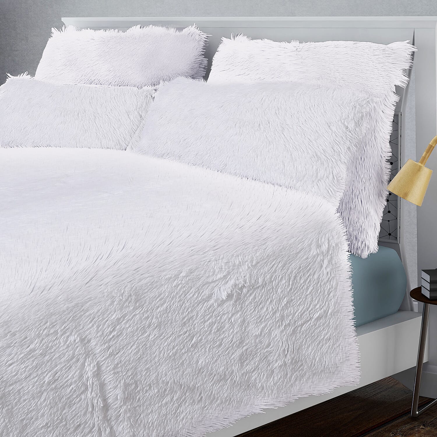 Premium 3 Piece Bedding Set - Faux Fur Blanket (Size 225x220 Cm) and 2 Pillow Cases (Size 70x50 Cm) - White