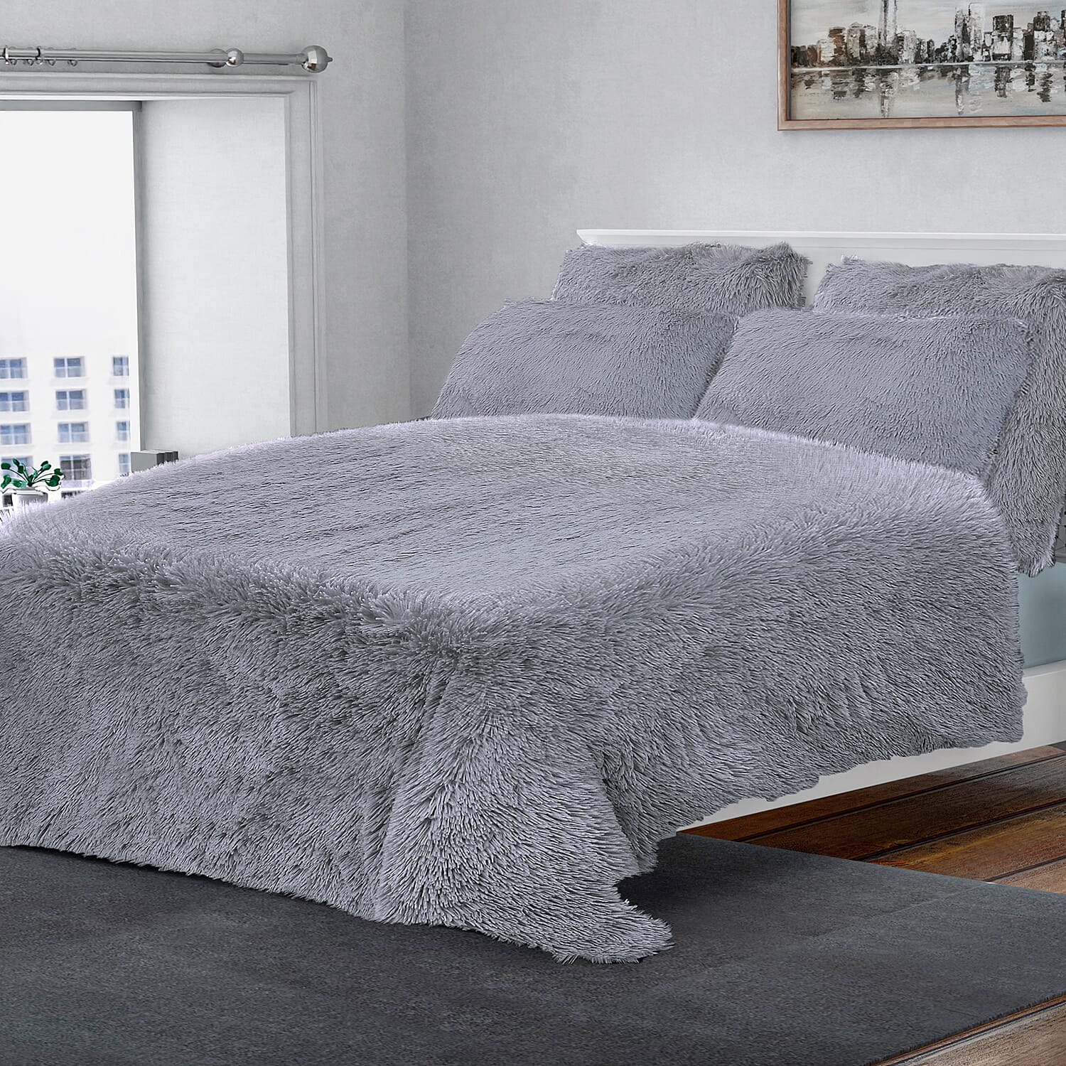 Premium 3 Piece Bedding Set - Faux Fur Blanket (Size 225x220 Cm) and 2 Pillow Cases (Size 70x50 Cm) - Grey