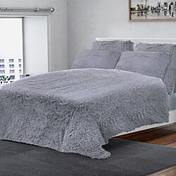 3 Piece Set- TJC Faux Fur Throw (Size 225x220 Cm) and 2 Pillow Cases (Size 70x50 Cm) - Grey