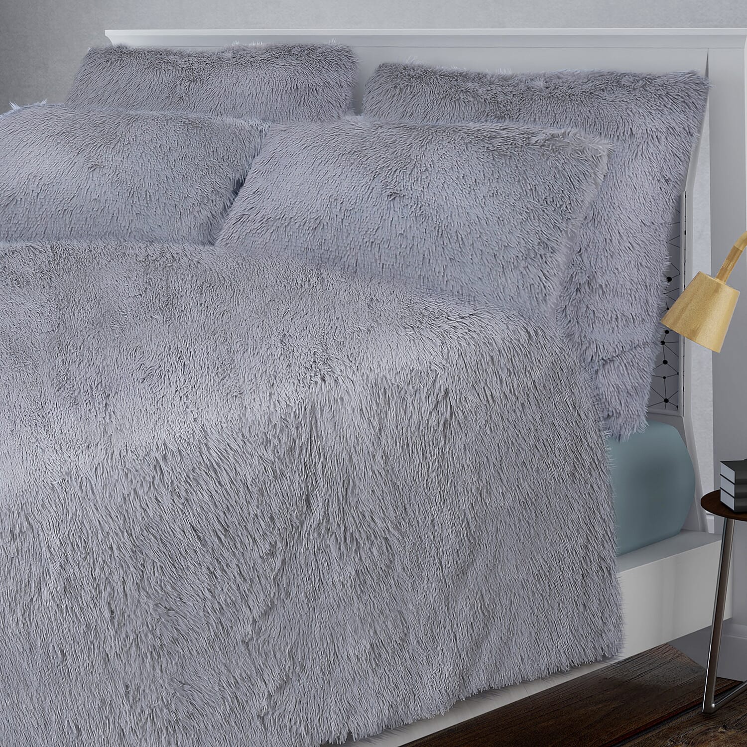 Premium 3 Piece Bedding Set - Faux Fur Blanket (Size 225x220 Cm) and 2 Pillow Cases (Size 70x50 Cm) - Grey