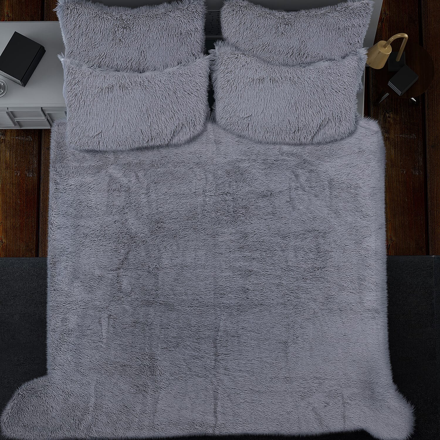 Premium 3 Piece Bedding Set - Faux Fur Blanket (Size 225x220 Cm) and 2 Pillow Cases (Size 70x50 Cm) - Grey